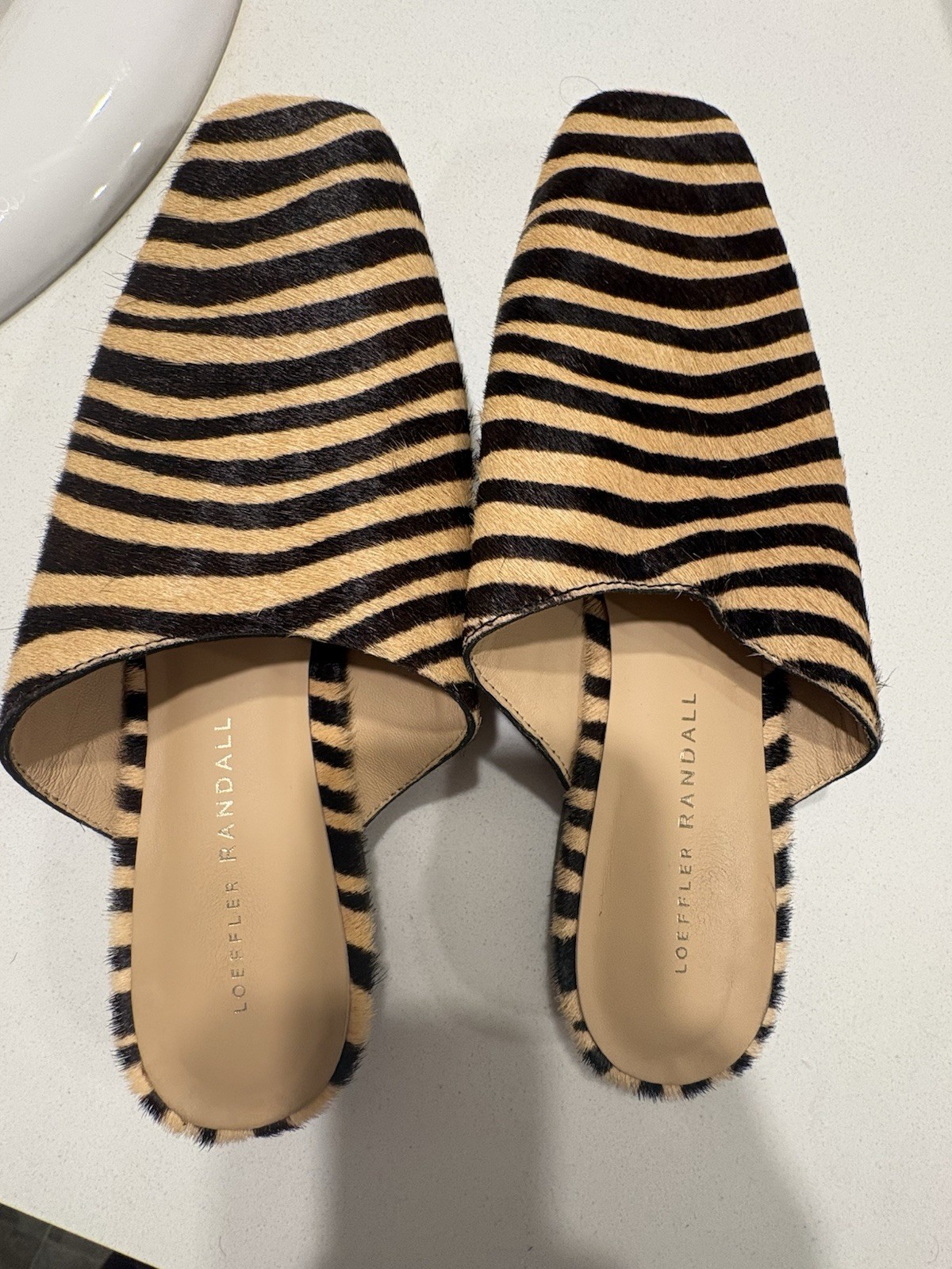 Loeffler Randall Women’s Beige Black Animal Print Fur Mule Square Toe 7B