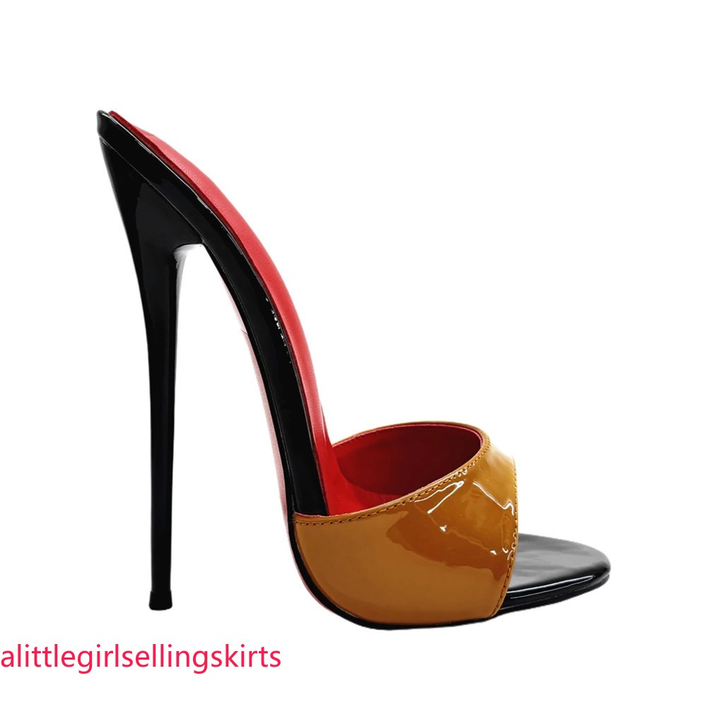 Women 16cm Mules Sexy Stilettos Slippers Patent Leather Summer High Heels Pumps