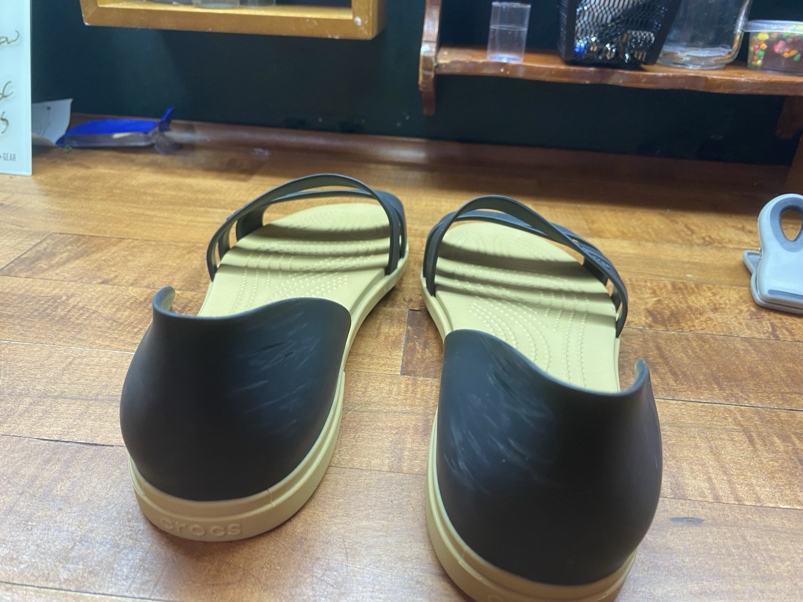Crocs Tulum Open Flat Sandals Womens 9 Black Tan Strappy Slip On (Read 10 9.5 W)