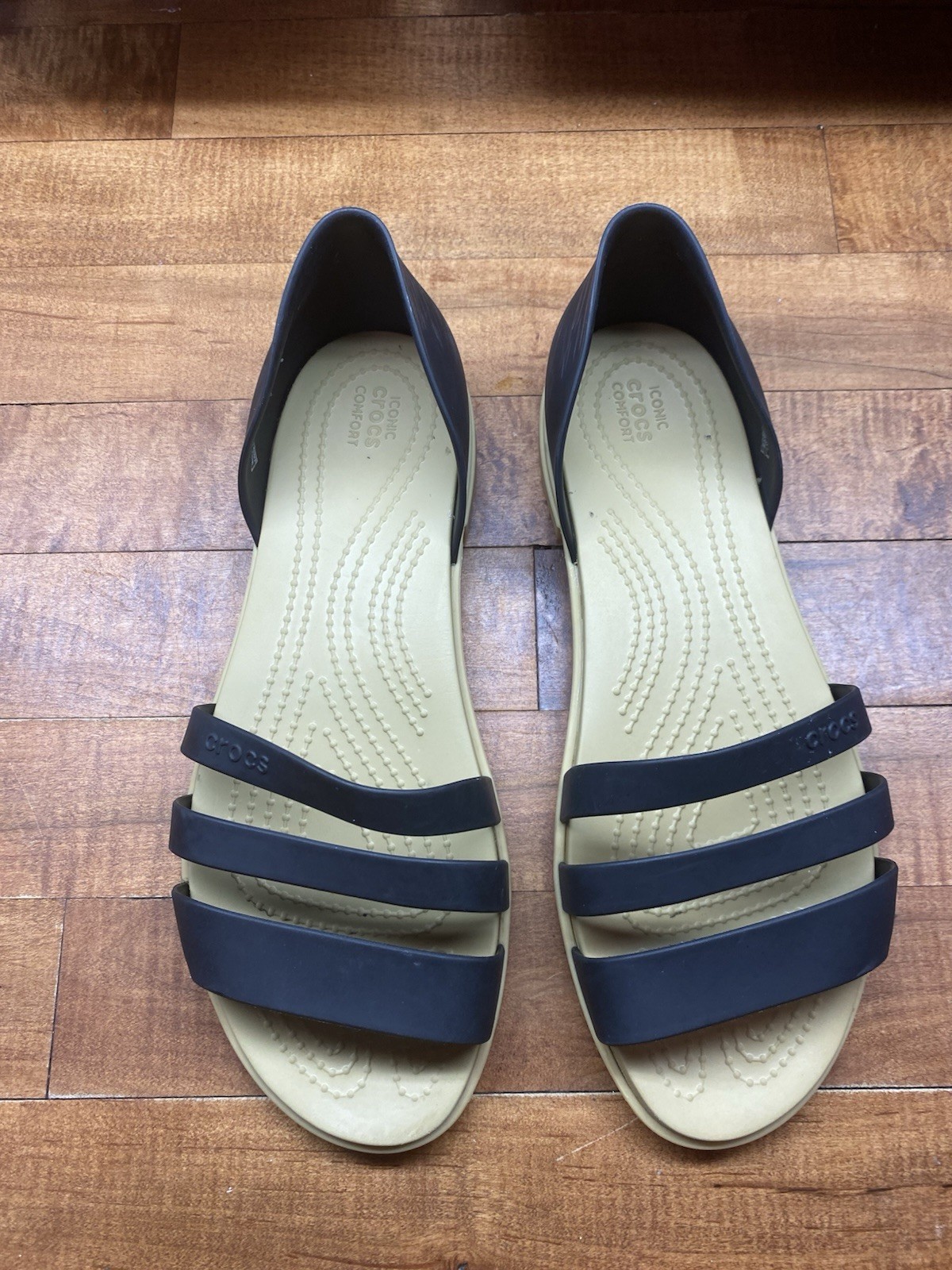 Crocs Tulum Open Flat Sandals Womens 9 Black Tan Strappy Slip On (Read 10 9.5 W)