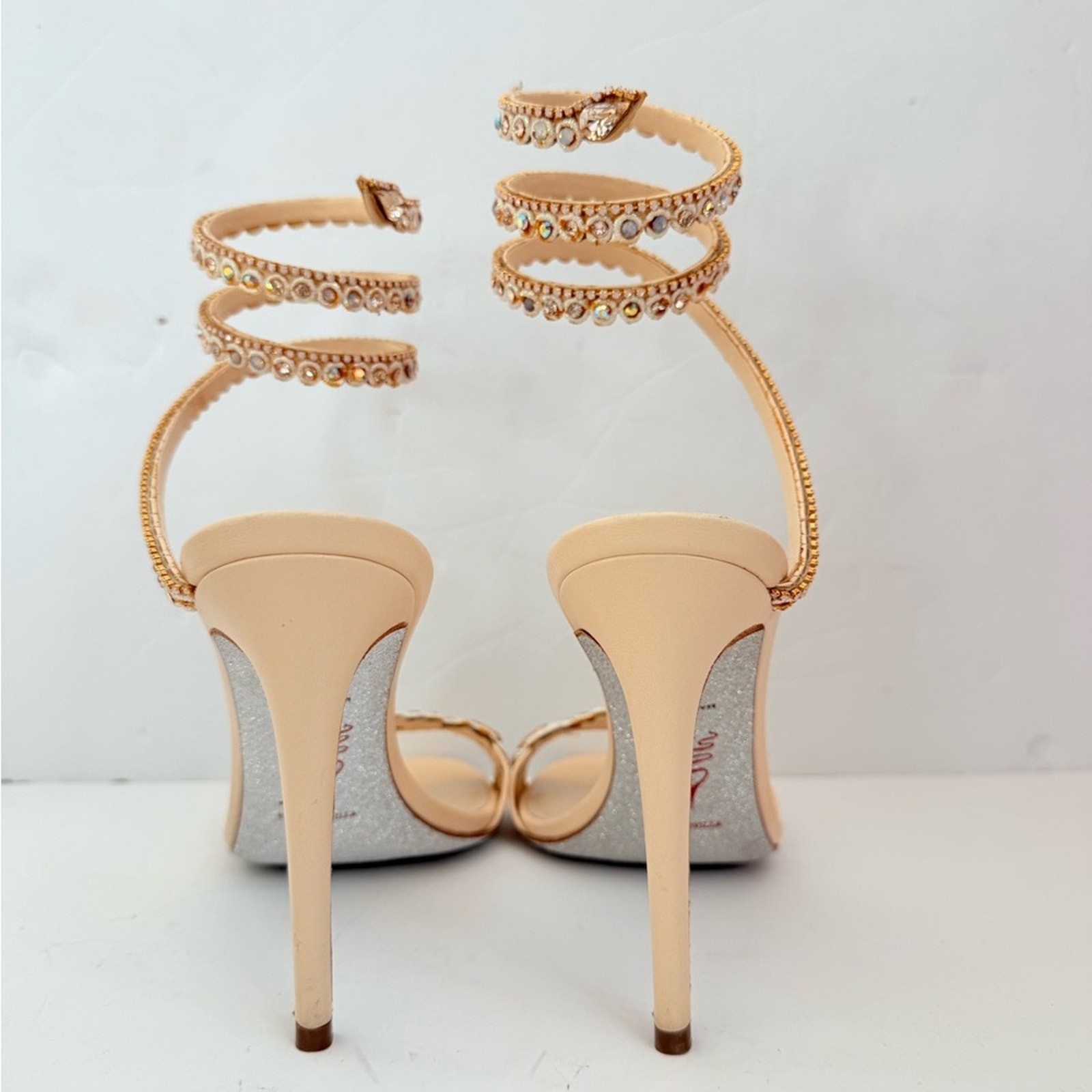 Rene Caovilla Beige Multicolor crystal embellished Wrap around ankle heels 39.5