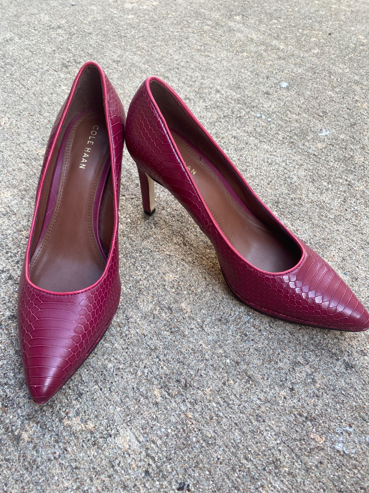 Women’s Cole Haan Burgandy Croc Embossed Leather Pointed Toe Size Heel, Size 6