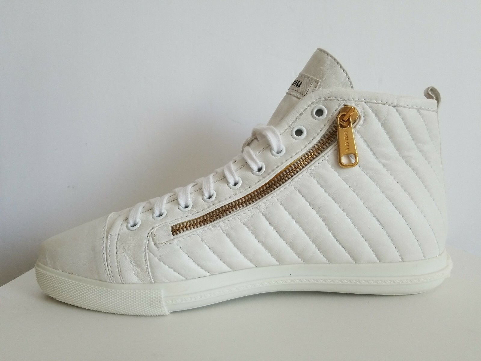MIU MIU HIGH TOP WHITE QUILTED GOLD LOGO ZIPPER SNEAKERS 38.5 39 I LOVE SHOES