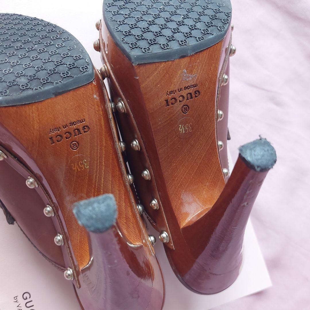 Auth GUCCI Studded Sabot Mules Bamboo Bit Wood Platform Heels Vintage IT35.5 US5