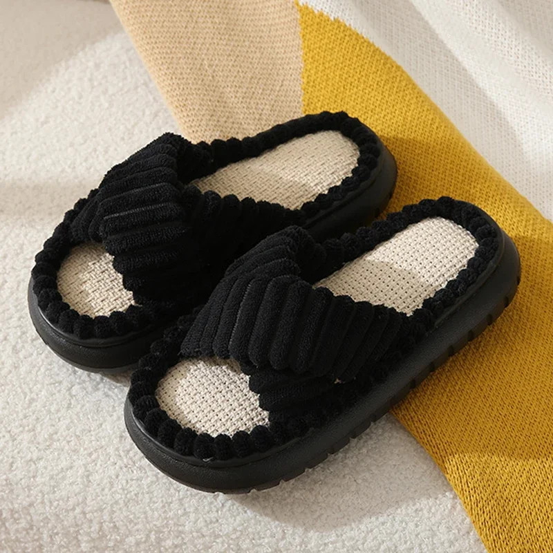 Pink Corduroy Cross Strap Home Slippers Women Winter 2025 Breathable Thick Sole