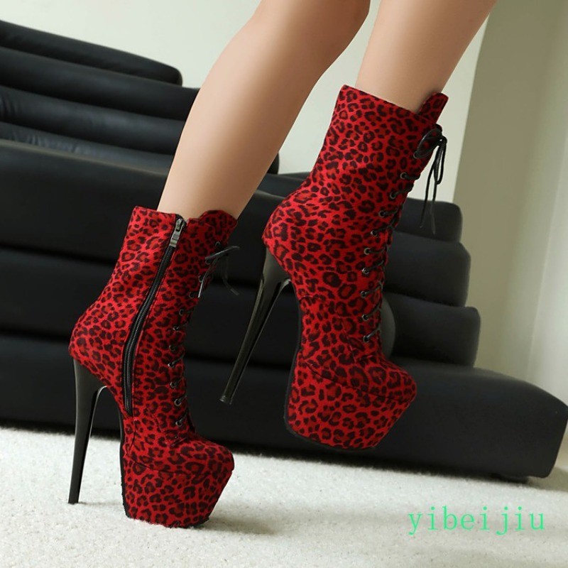 Womens Super High Heel Ankle Boots Leopard Platform Performance Shoes Nightclub