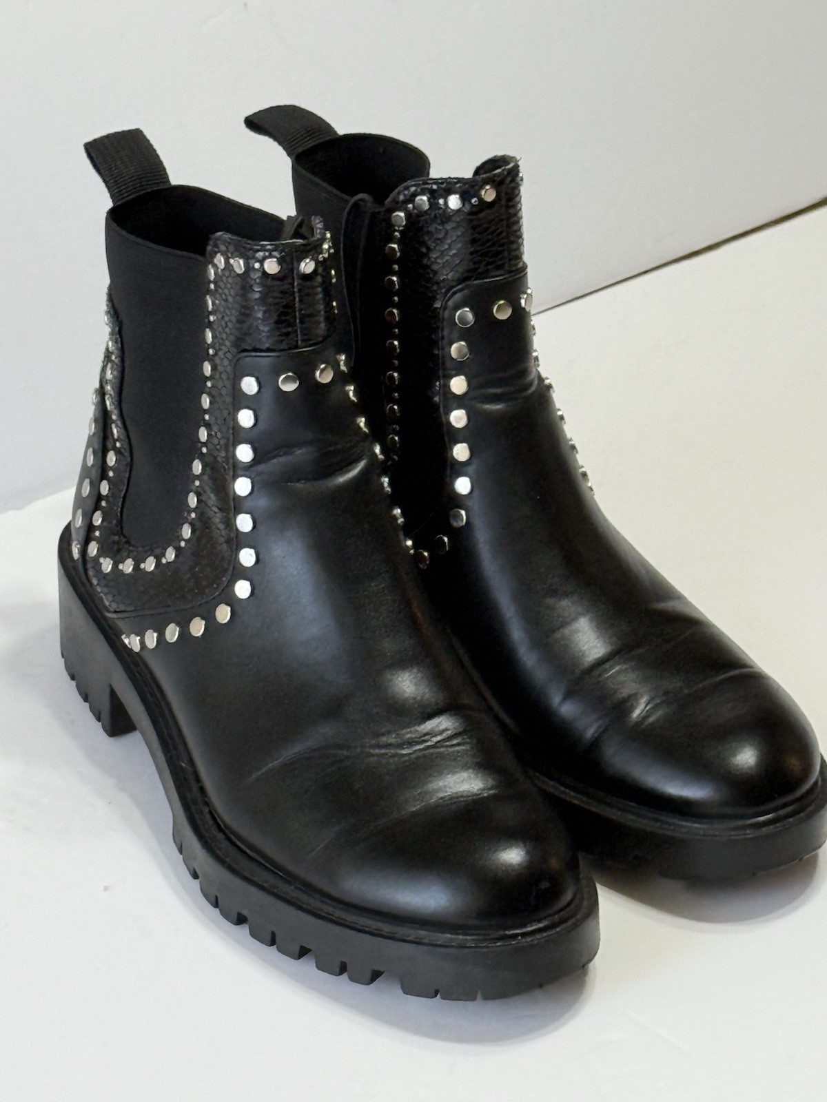 ZARA Black Studded Chunky Lug Sole Biker Ankle Boots Women’s Sz 37 (6.5)