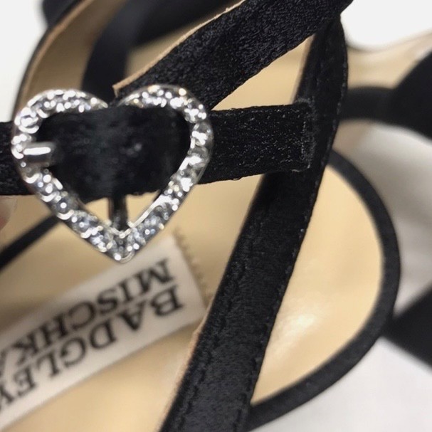 Badgley Mischka Caia Black Crepe Platform Sandals Embellished Heart NIB Size 11