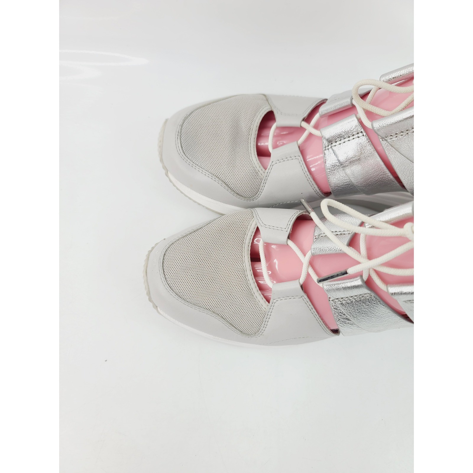 Michael Kors, Lace-Up Round Toe Wedge Sneakers, Women, Size 9 White Silver Gray.
