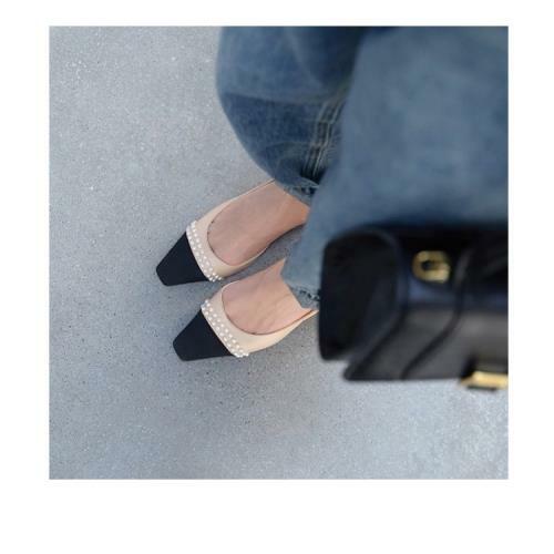 Women Classic Pearl Two Tone Leather Slingback Heels Square Toe Shoes Formal