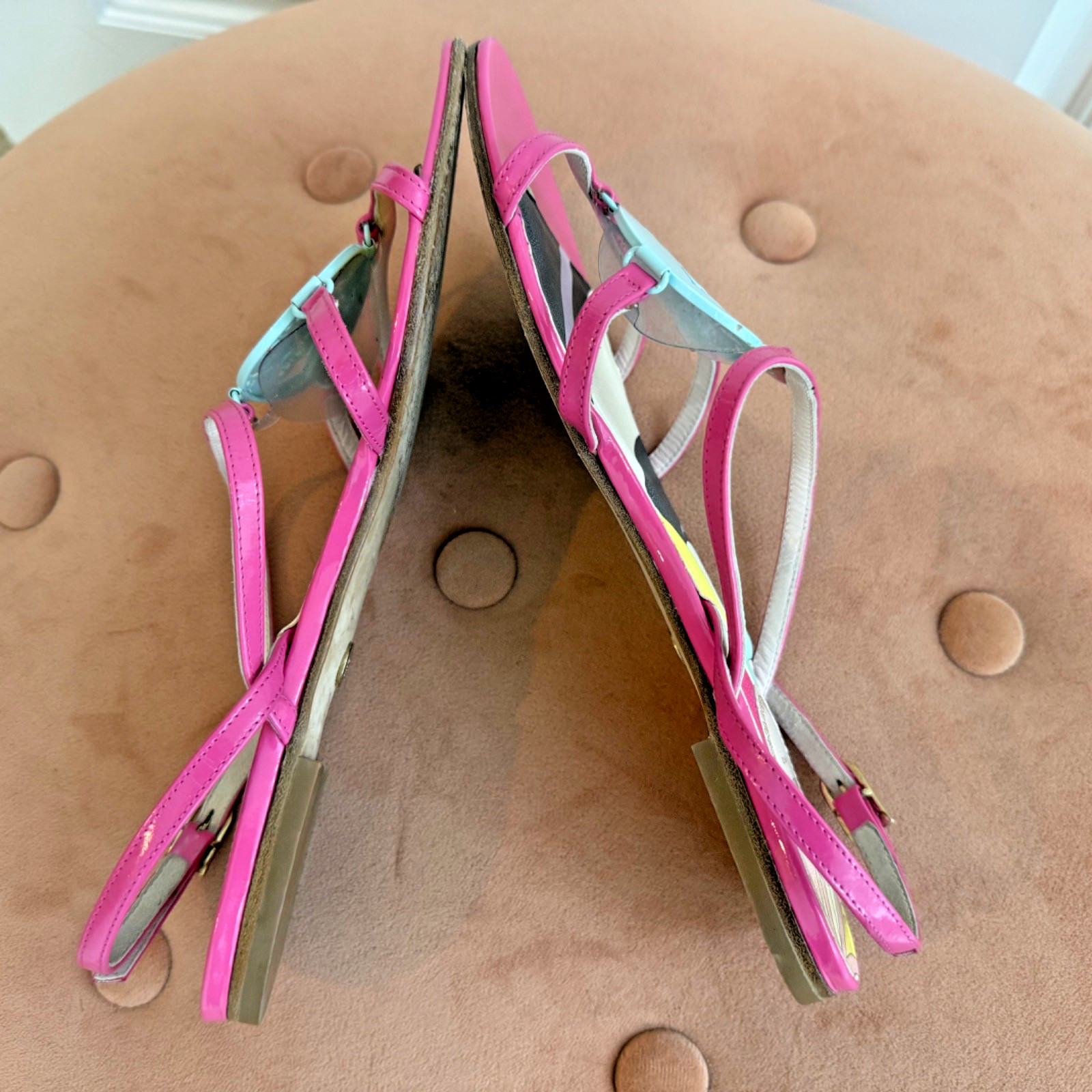 Emilio Pucci Leather Sandals Flats W Dust Bag Pink Green Logo Medallion- Size 37
