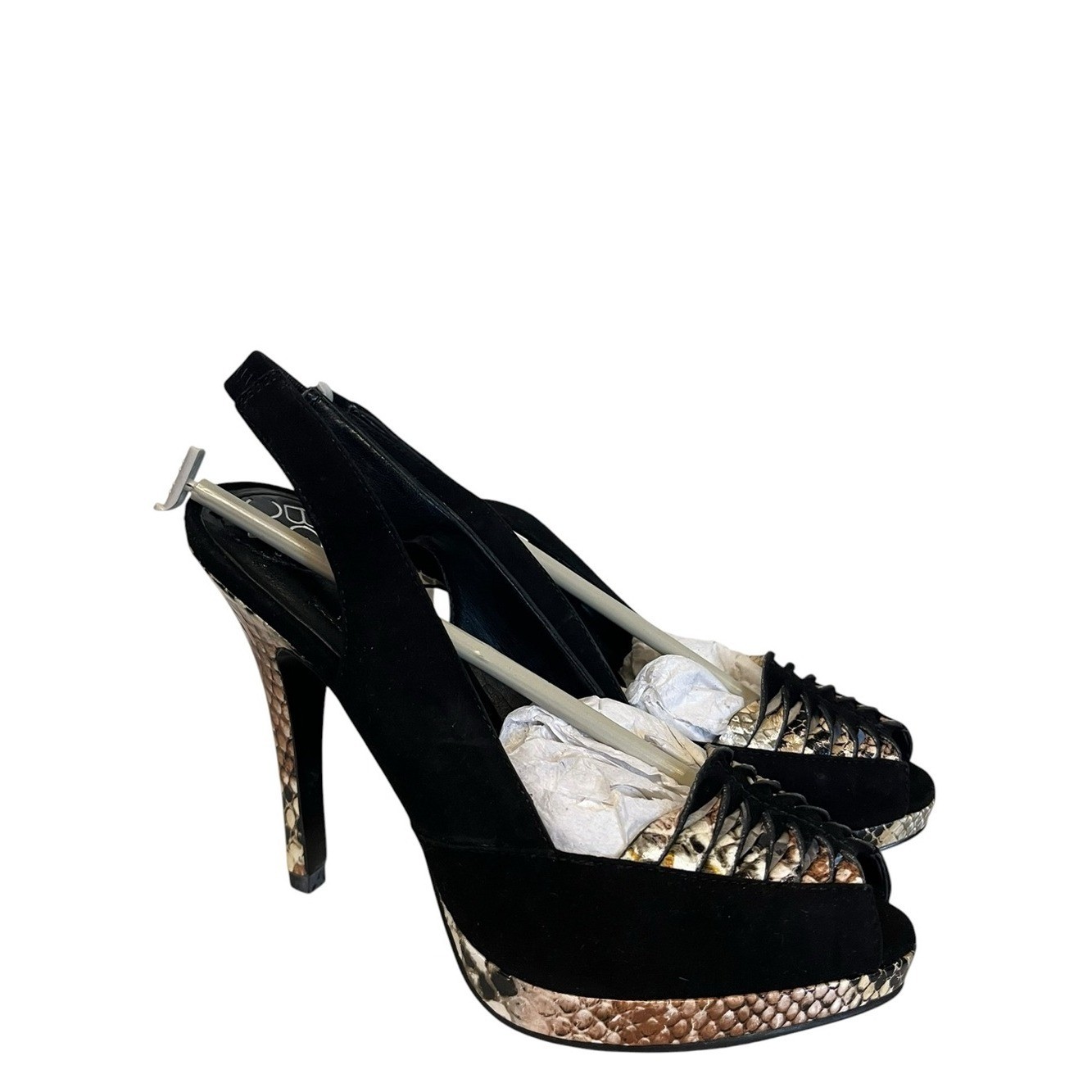 BCBGeneration | Black Suede Slingback Heels Snakeskin Print platform 6.5