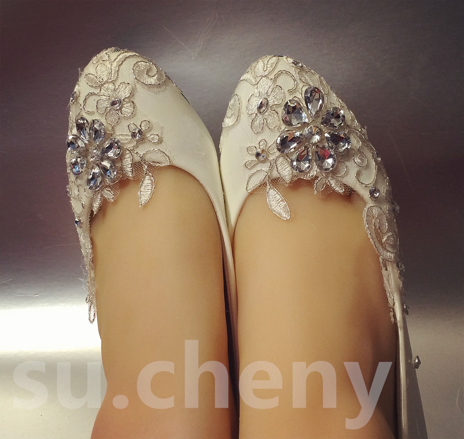 su.cheny- Lace white ivory crystal flats low high heel pump Wedding Bridal shoes