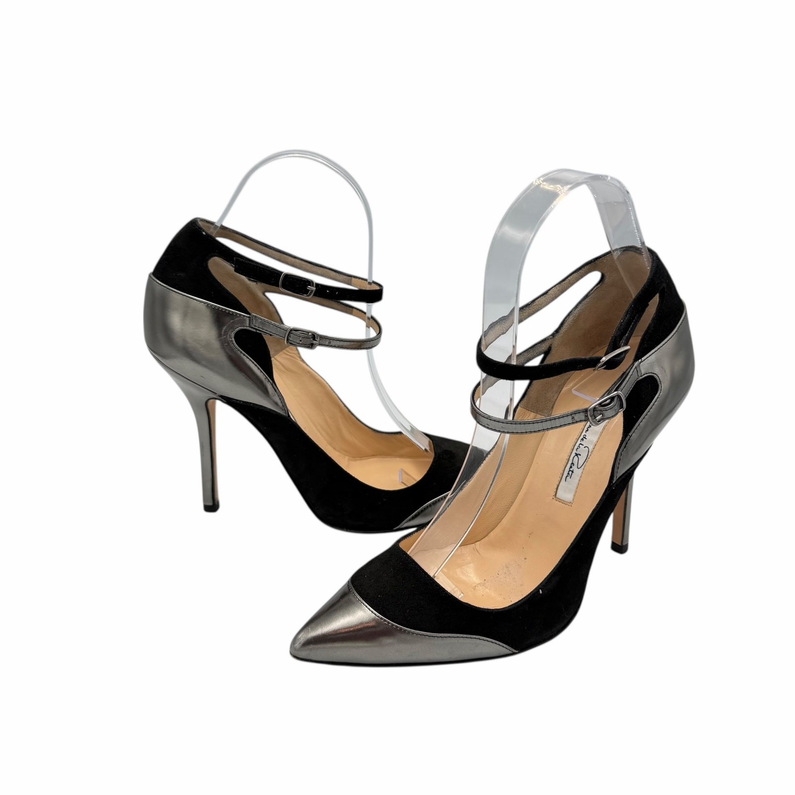 Oscar de la Renta US6 Black Suede Metallic Colorblock Pattern D’Orsay Pumps