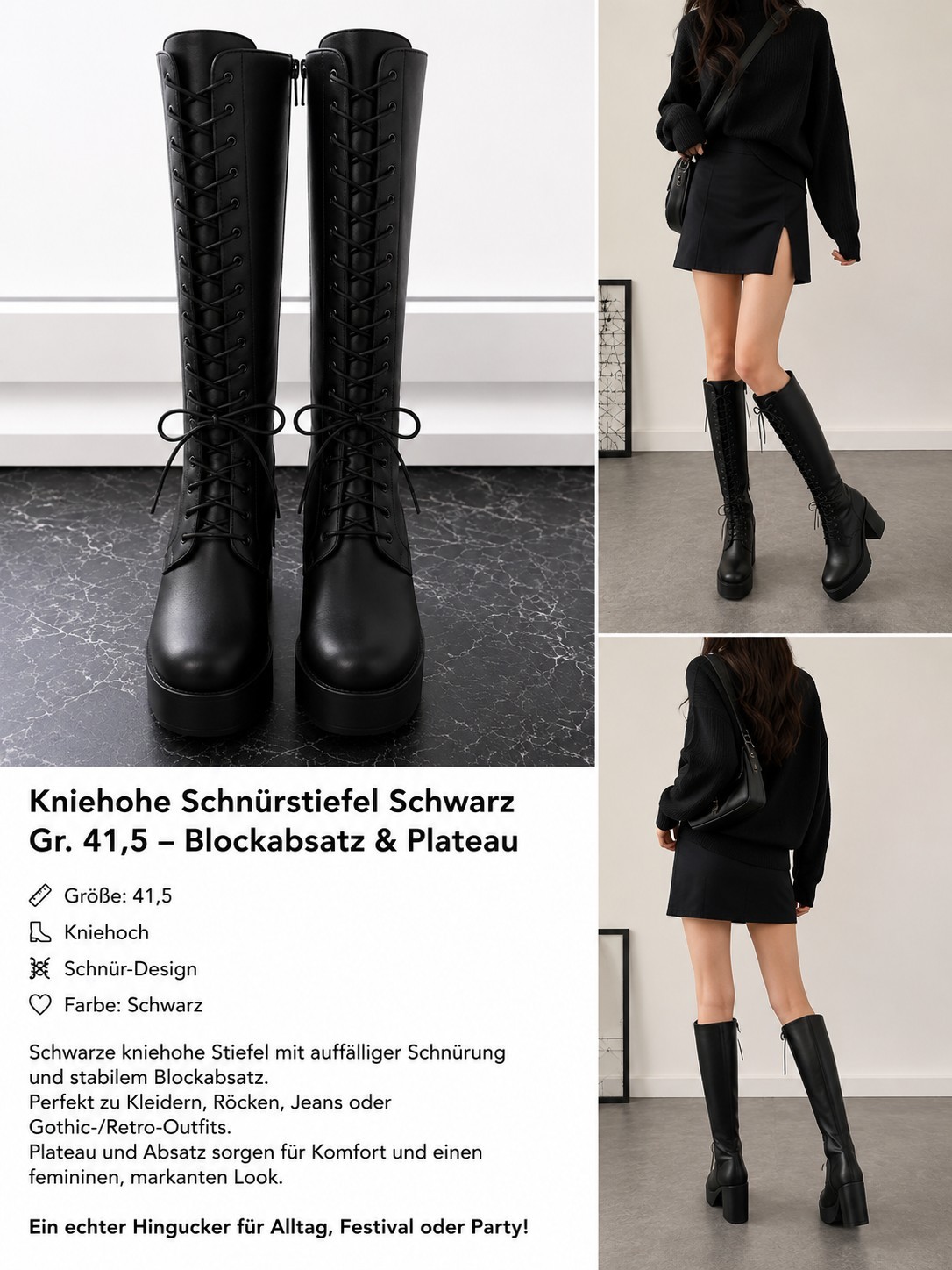 Knee High Lace Up Boots Black Size 41.5 – Block Heel & Platform Gothic /…