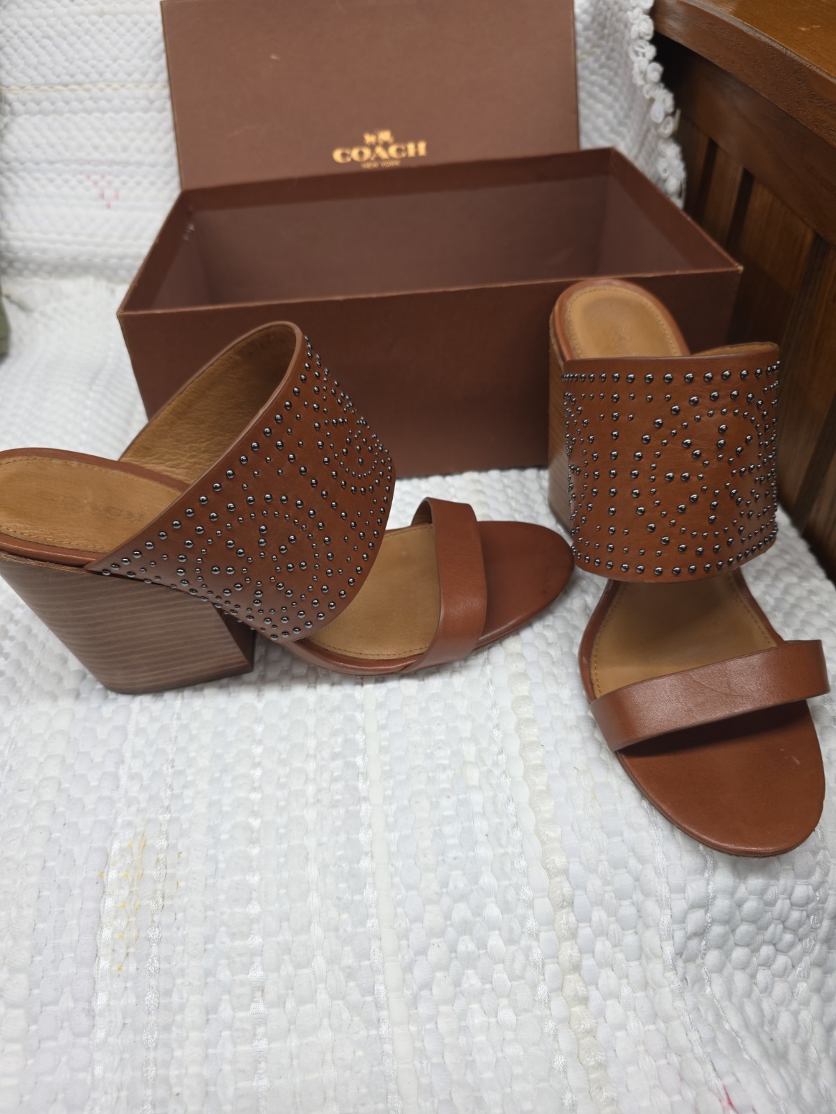 Coach Brown Leather Studded Beaded Block Wedge Sandals Size 11