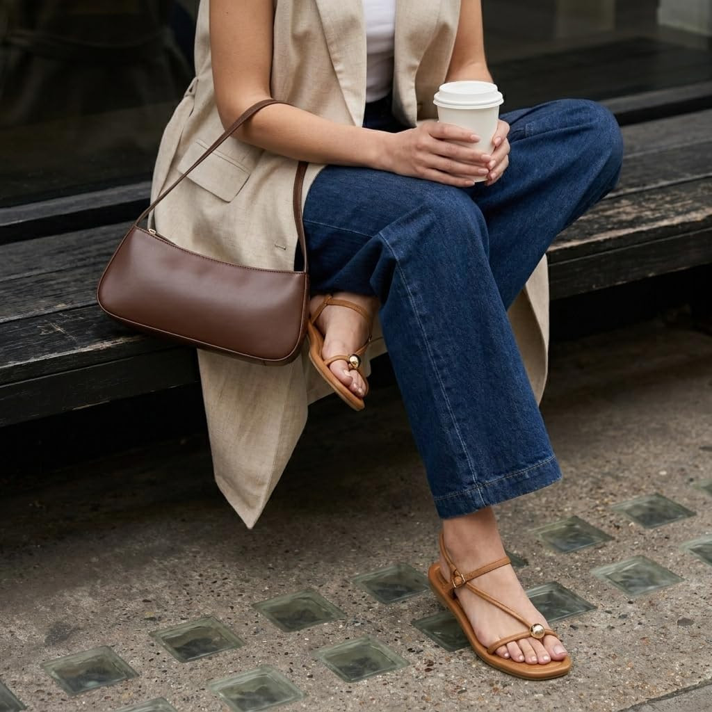 Alias Squared Toe Womens Sandals, T-Strap Flat Sandal with Cushioned Footbed and