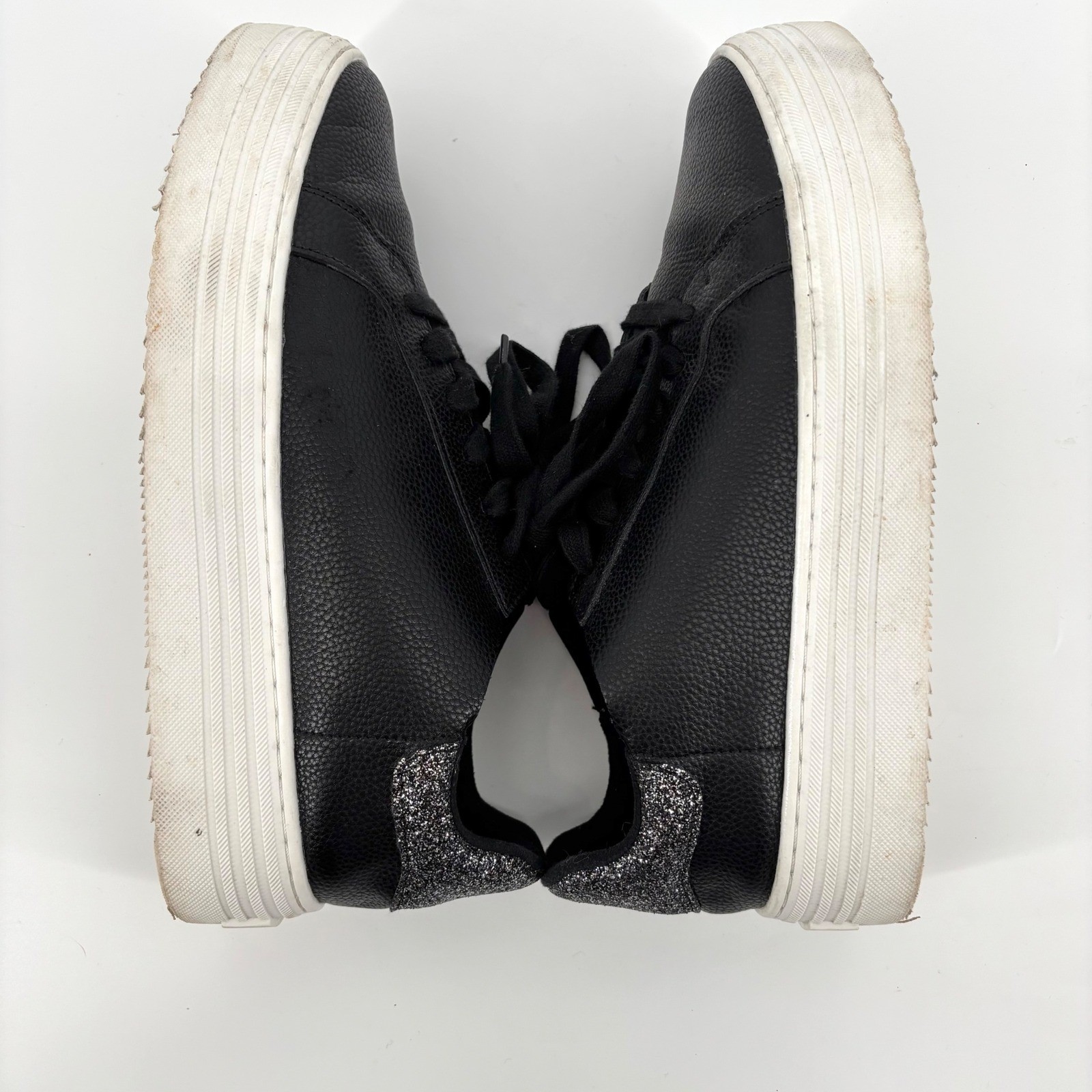 Joy Platform Comfort Leather Sneakers Size 10W Black White Glitter Heel Casual