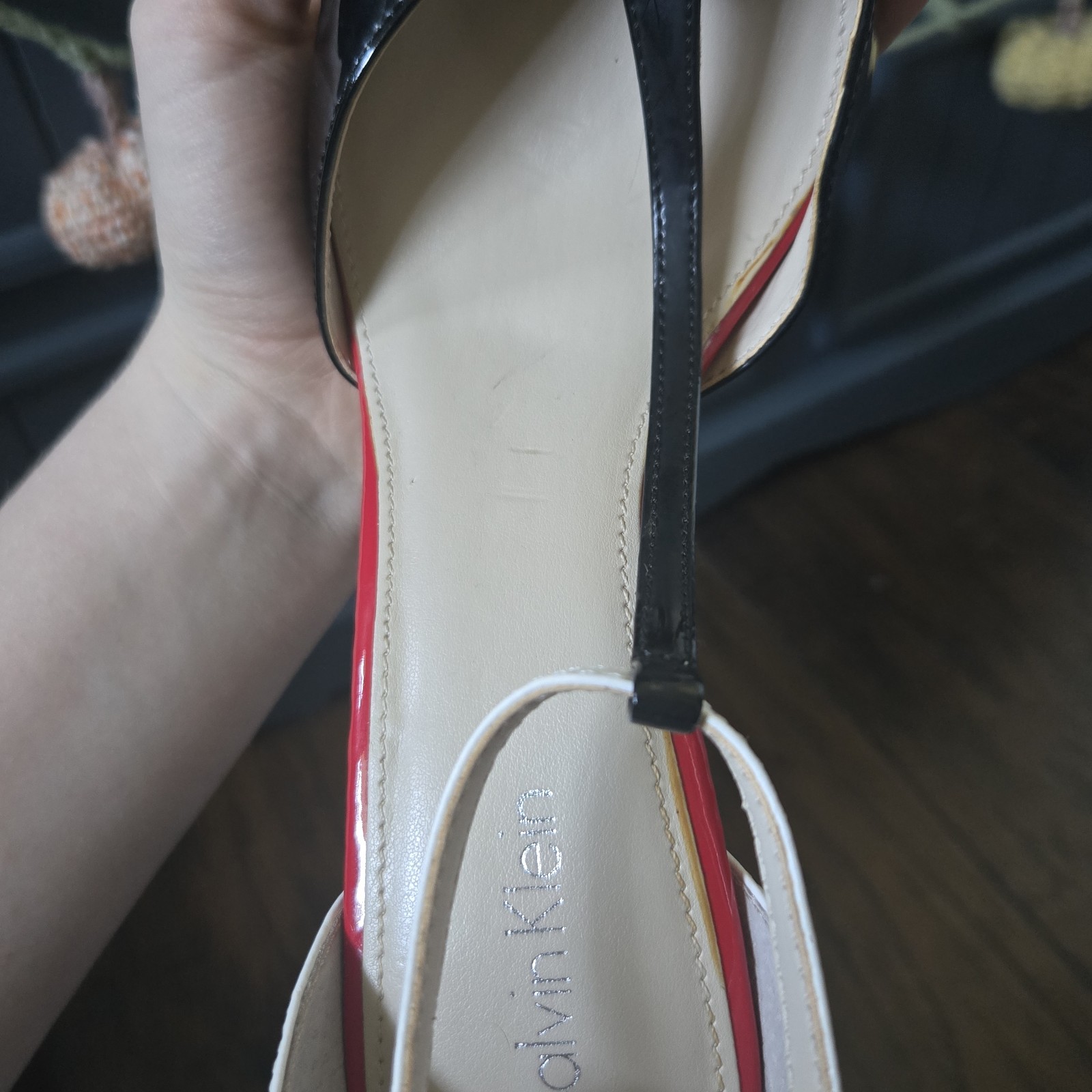 Calvin Klein Patent Leather Strappy Ankle Strap Stiletto Heels Black/White/Red 9