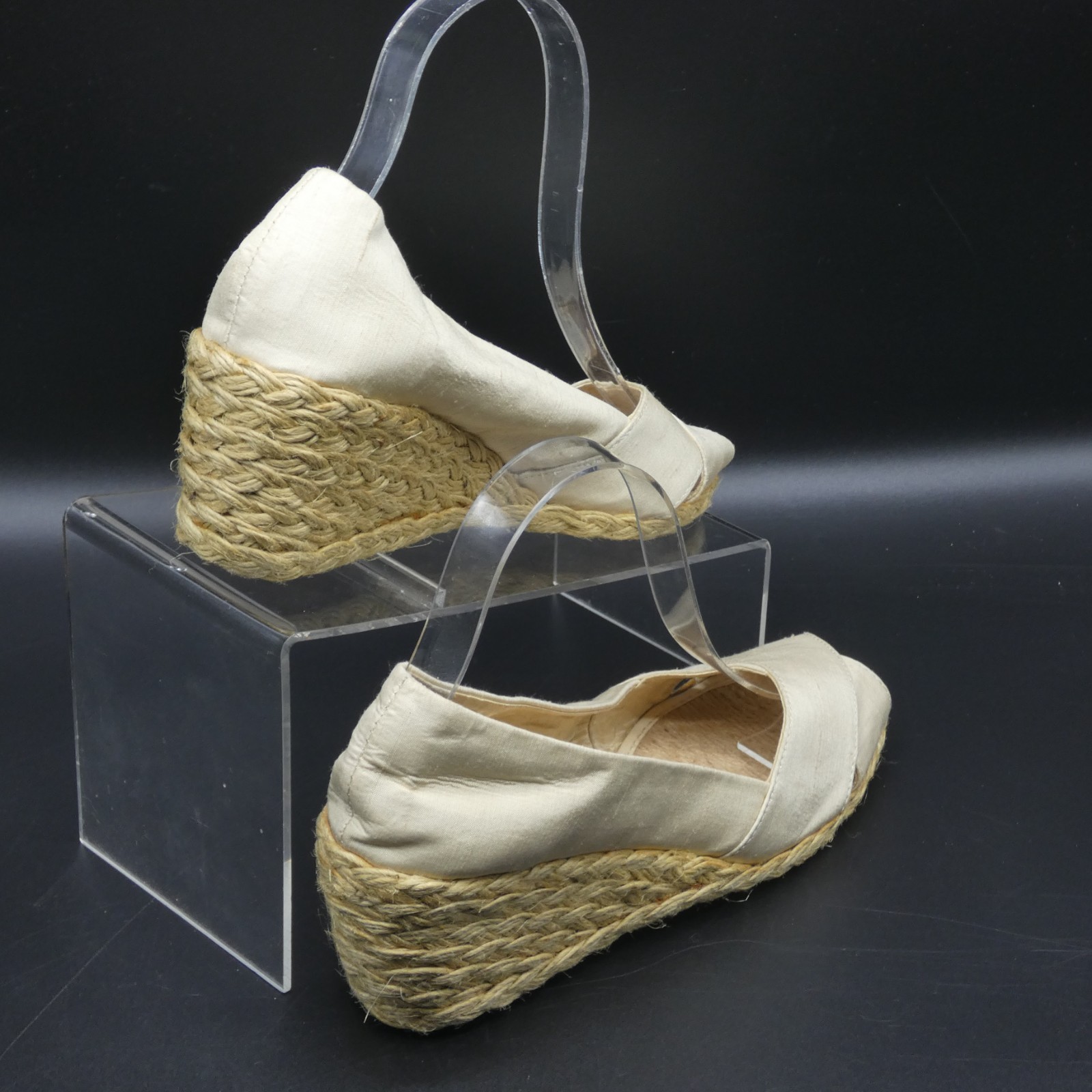 Lauren Ralph Lauren Cecilia Tan Beige Shantung Peep Toe Espadrille Wedge Size 7