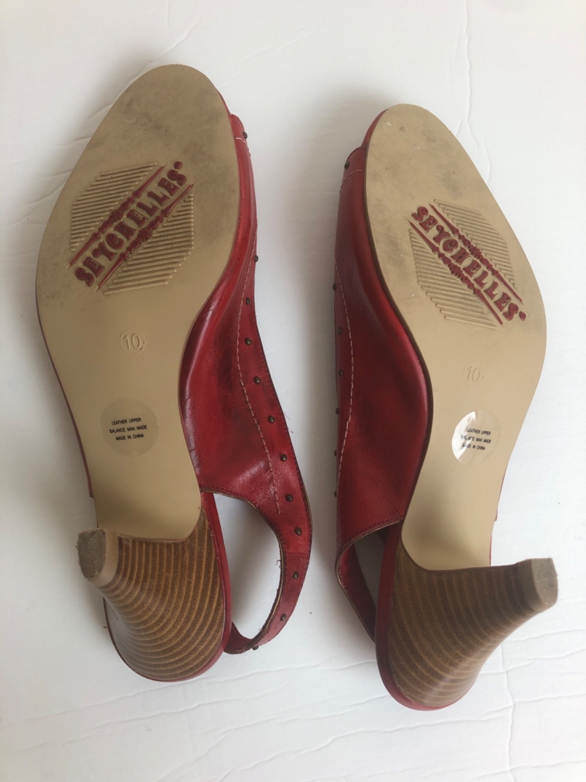 Seychelles size 10 red leather peep-toe slingback heels; brown layered cone heel