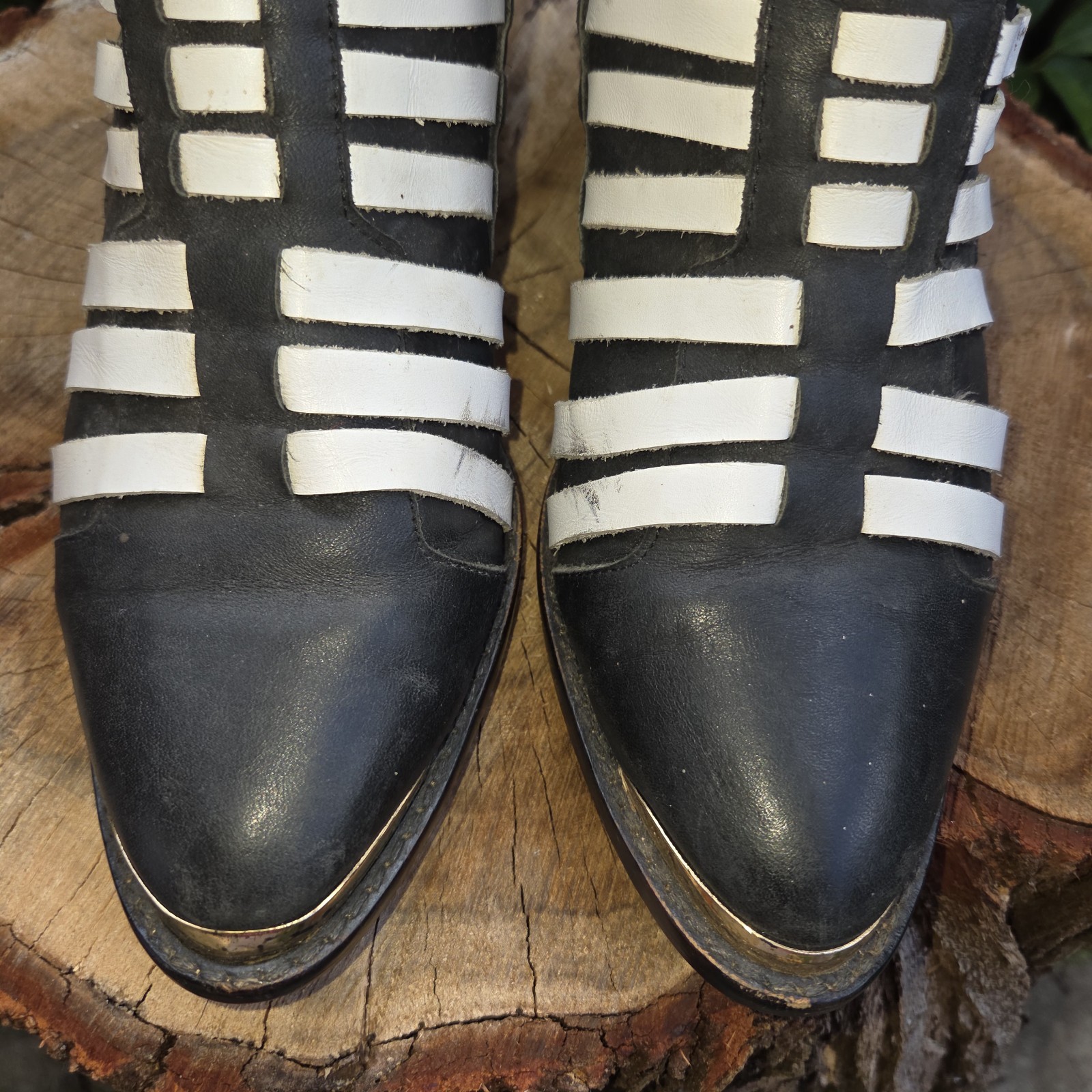 Rare DIAVOLINA Leather Ankle Boots Size 5.5 Black White Western Cowboy