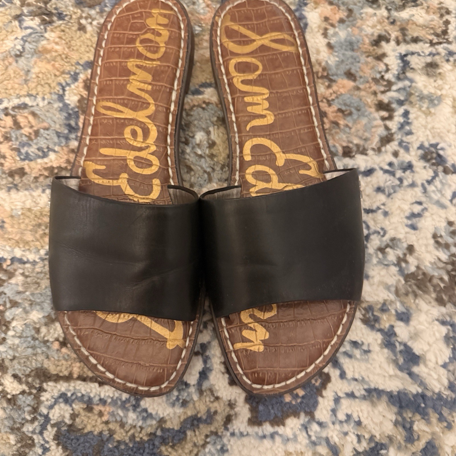 Sam Edelman Women’s Leather Slide Sandals Croc Embossed Logo Black US 6.5