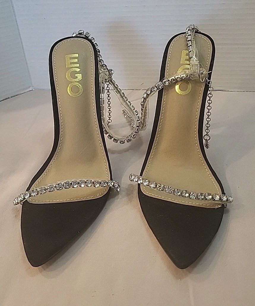 EGO BLACK STILLETO HEEL US 6 UK4 WOMEN SEQUINED HEEL JEWELED ANKLE STRAP