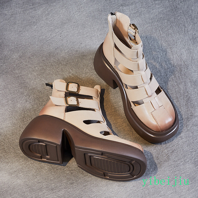 Vintage Womens Roman Gladiator Ankle Boots Real Leather Comfort Shoes Thick Sole