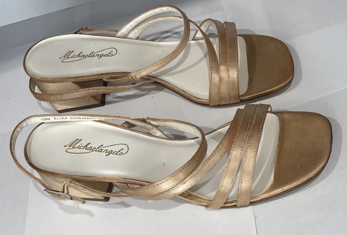 Michaelangelo Davids Bridal GOLD Heels Size 10 Strappy Eliza Handmade Leather