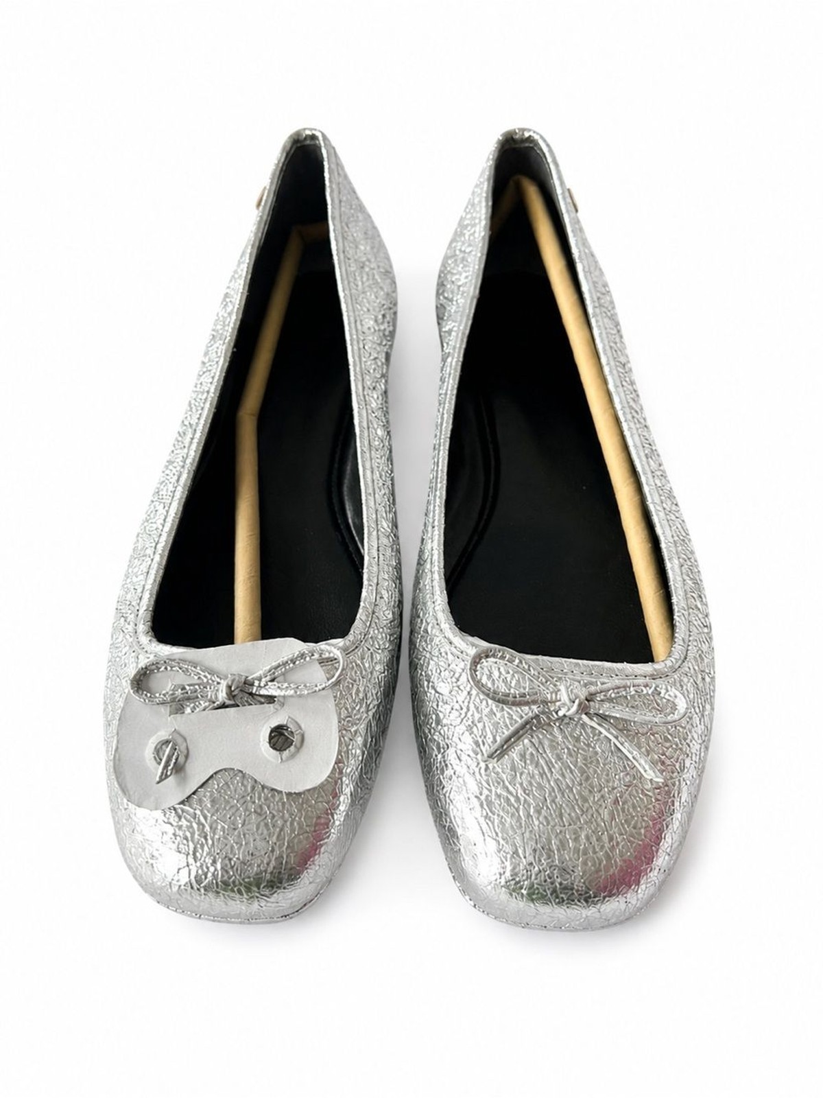 NEW Tory Burch Laila 2 Driver Ballet Flats Silver Crinkle Metallic Leather Shoes