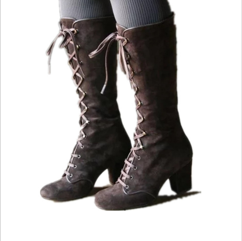 Retro Block Heels Womens Knee High Boots Steampunk Gothic Shoes Lace Up Booties