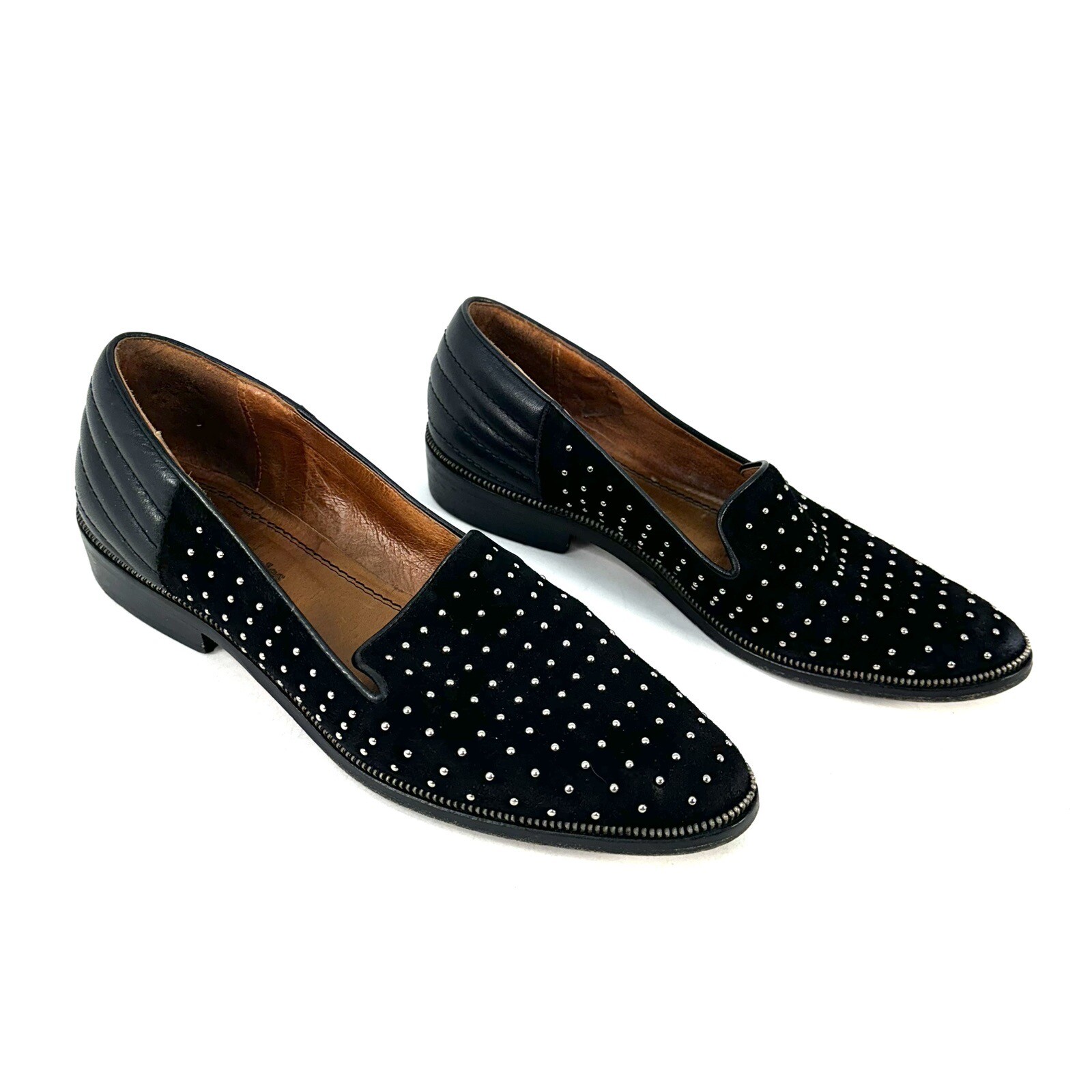The Kooples Black Suede & Leather Studded Zipper Trim Detail Loafers Size EU 40