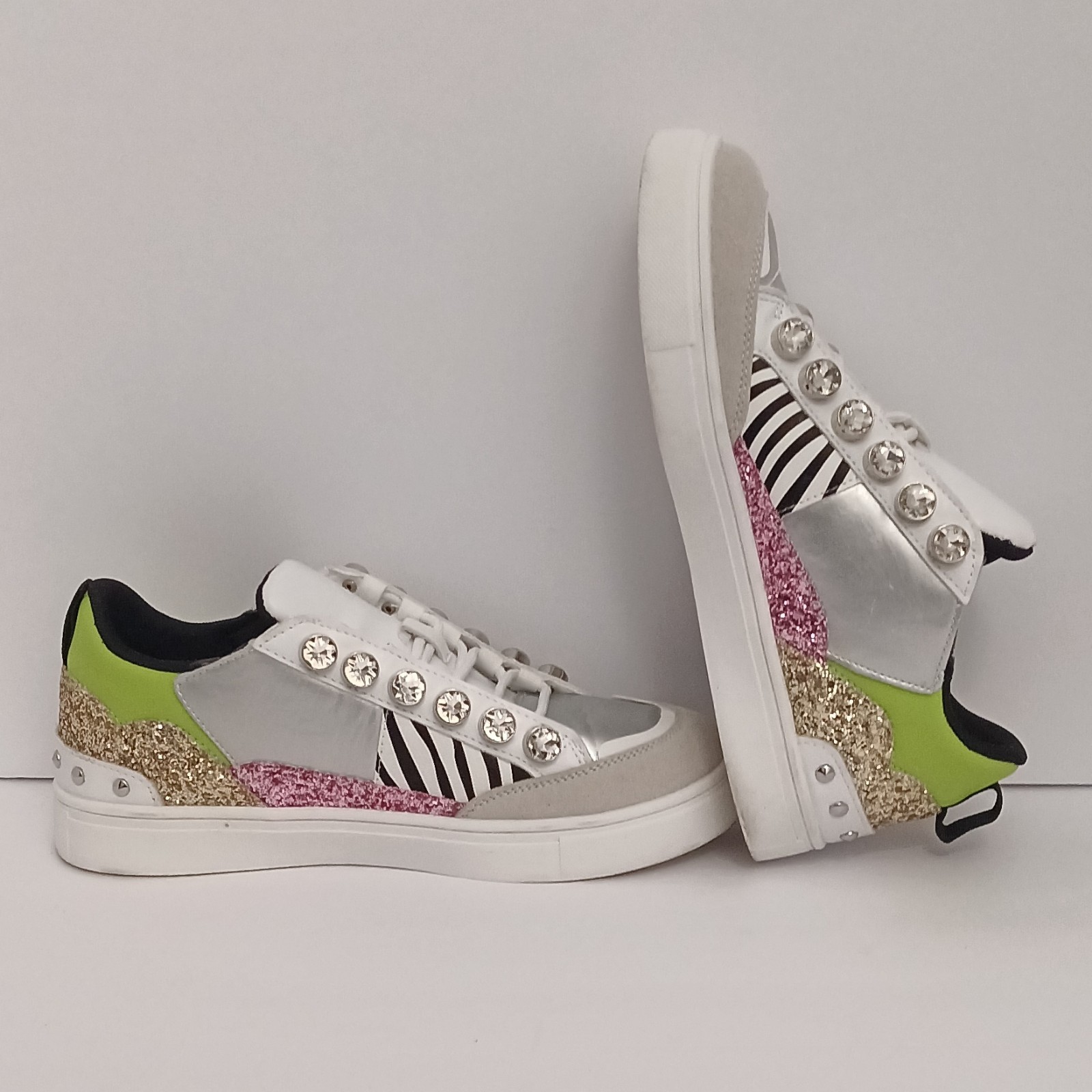 ROUGE Studded Glitter Athletic Sneakers Womens White Silver Green Pink Black