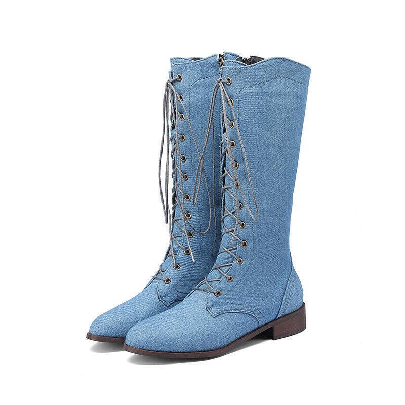 Women’s Mid Calf Boots Punk Casual Shoes Flat Lace Up Side Zip Riding Outdoor SZ