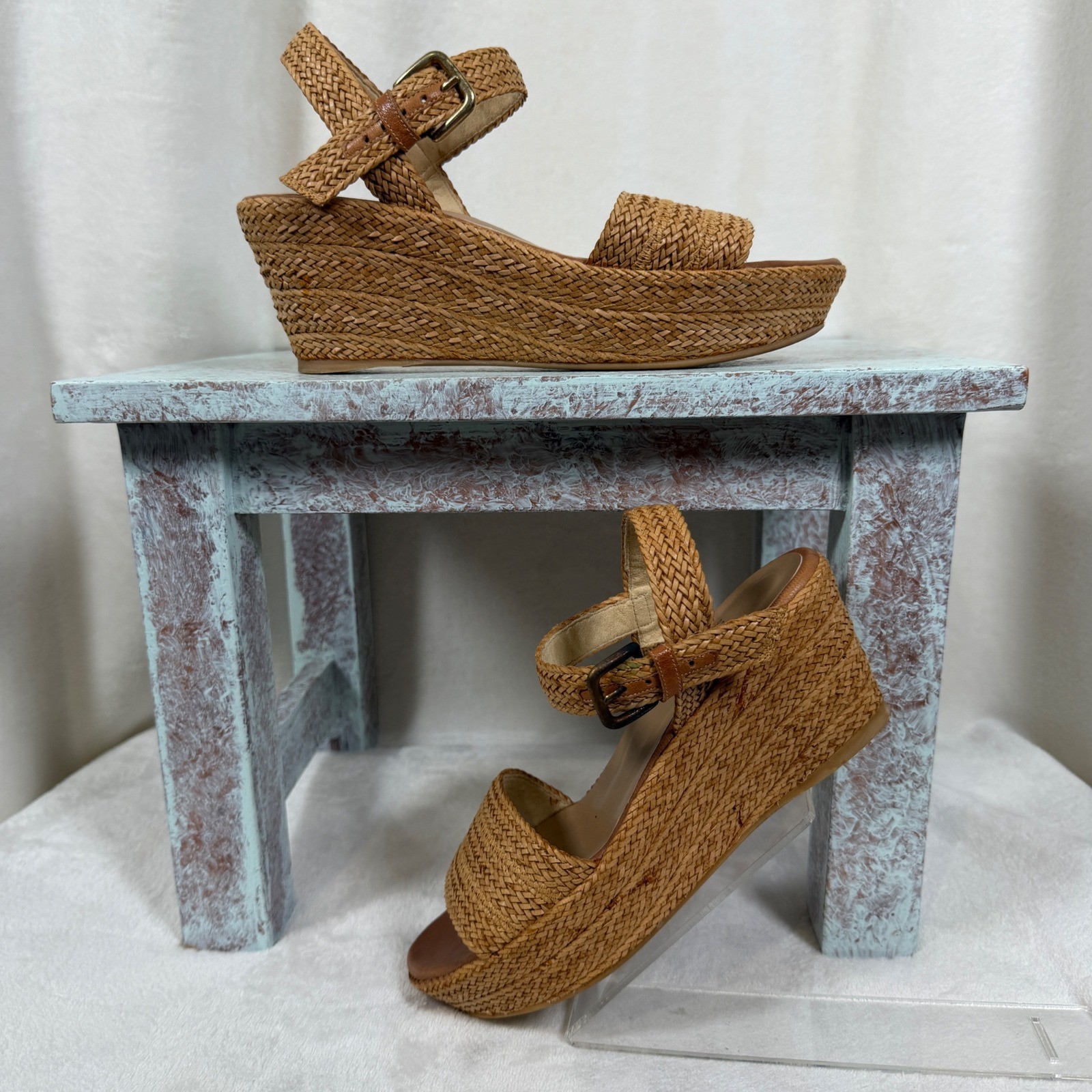 Stuart Weitzman Barbados Wedge Sandals Women 5.5 Tan Woven Platform Ankle Strap