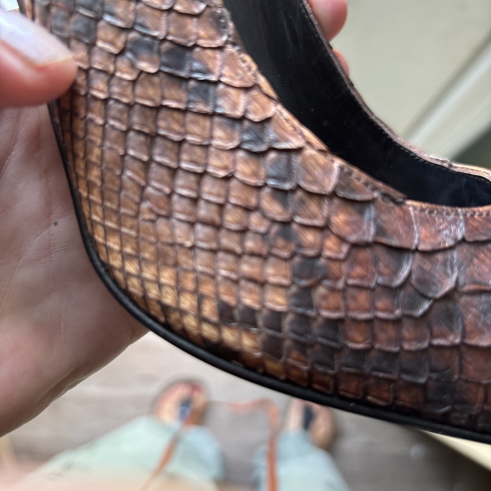 Stuart Whitman Woman’s Size 9 (40) Brown Rattlesnake, Leather Sole Wood Heels