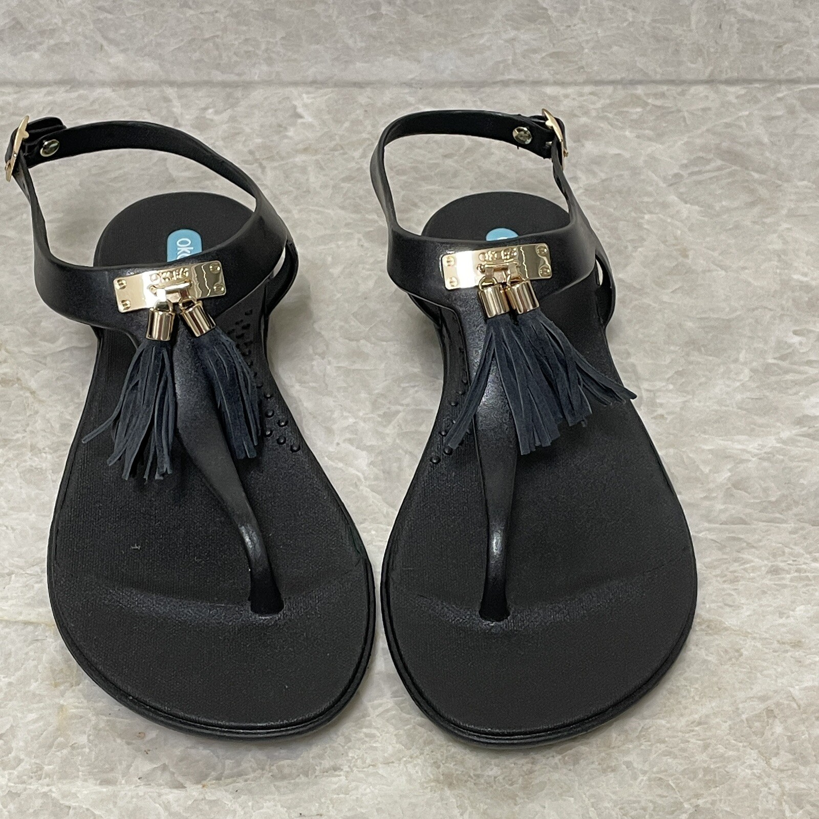 Oka-B Thong Sandals Womens 9 Black Tassel Jelly Comfort Flip Flops Summer New