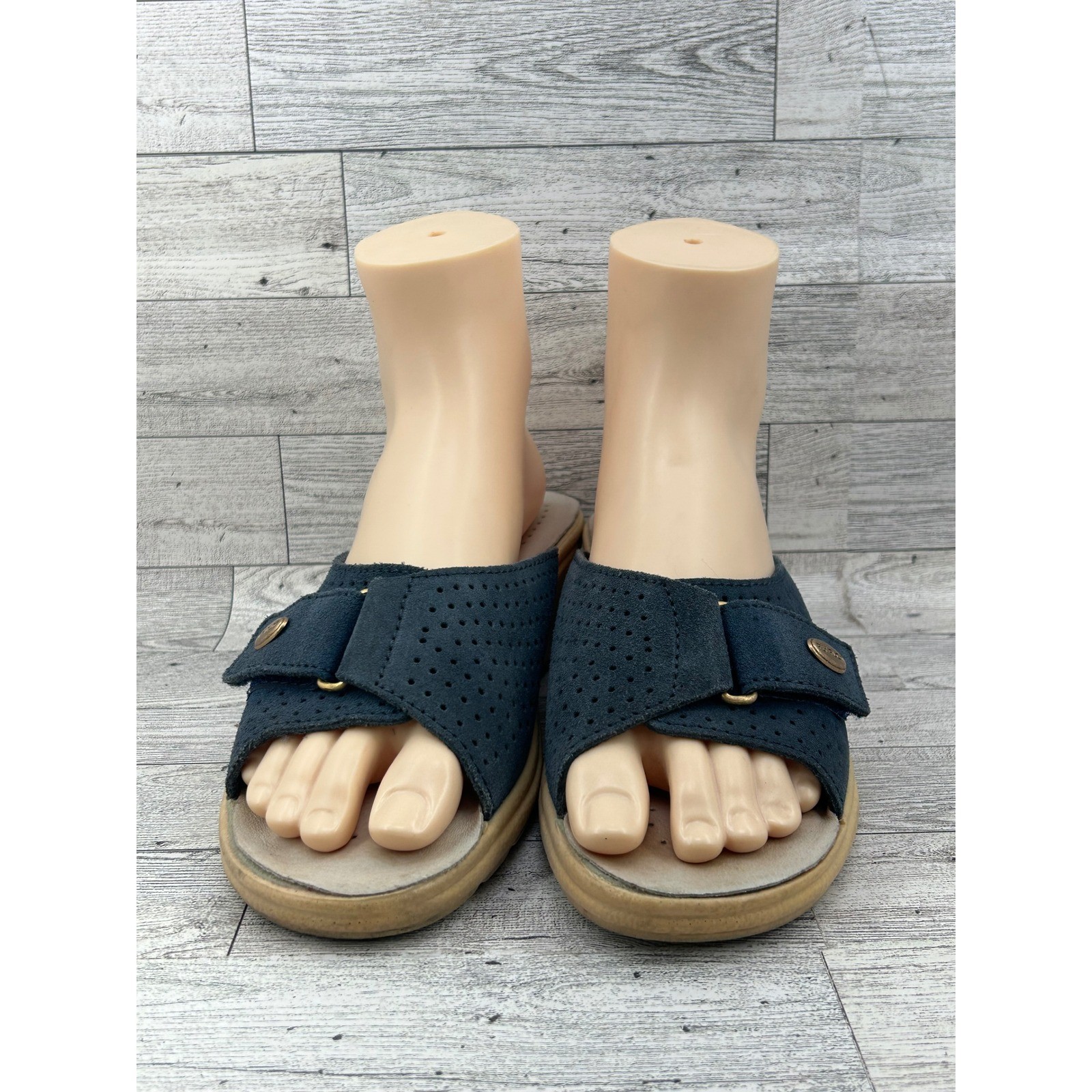 FLY FLOT Women Navy Blue Leather Perforated Slide Sandals Comfort Sz EU 39 US 8