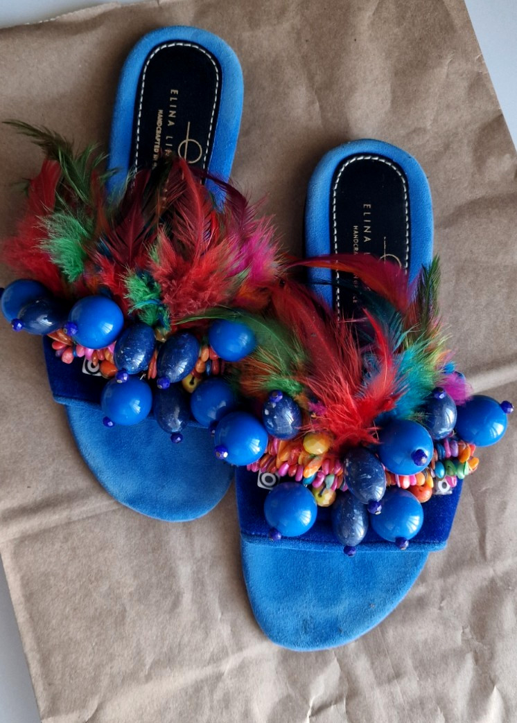 Elina Linardaki Blue Suede Feather Beaded Slide Sandals Handcrafted Greece EU 38