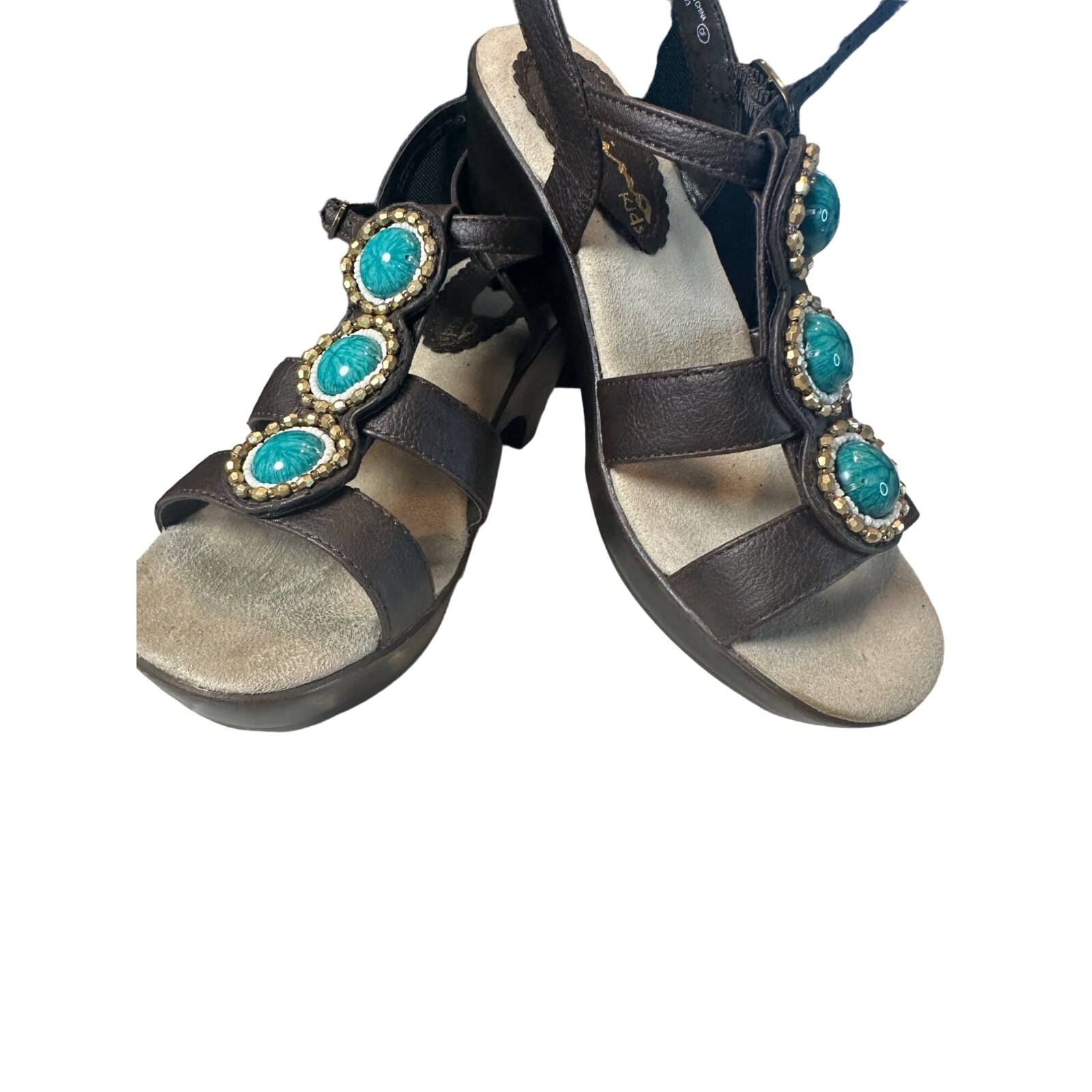 Nina Sandals Brown with Green Stones, White and Gold Beads Size 5M EUR 36 1/23″
