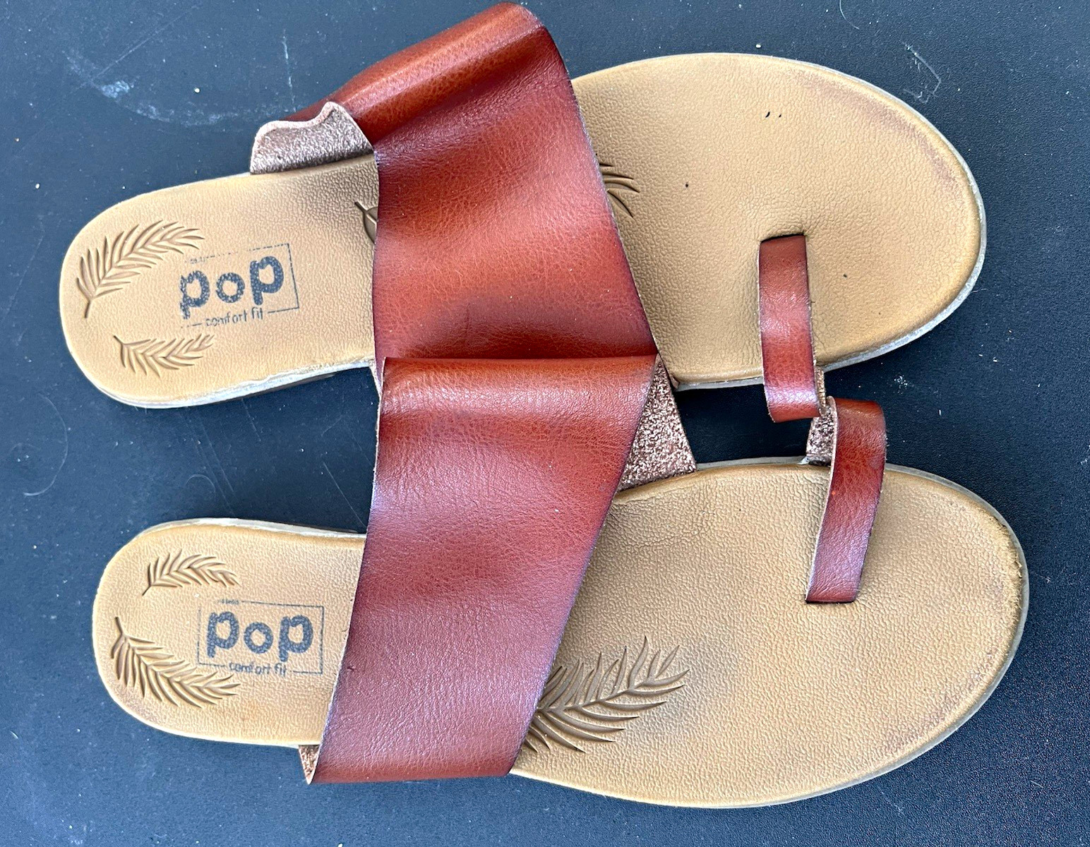 POP Women’s Brown/Beige Slide Sandals Slip-On Flat Casual US 9.5