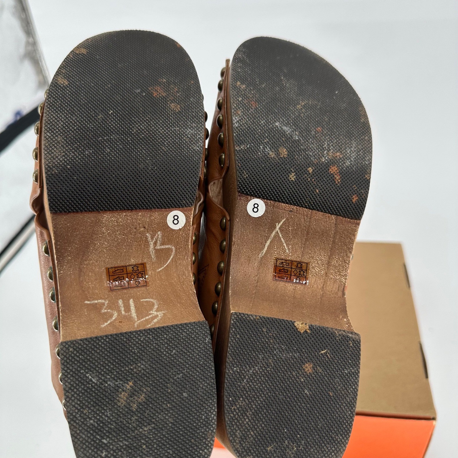Kelsi Dagger Tan Leather Studded Clog Wood Platform Sandal Boho 8