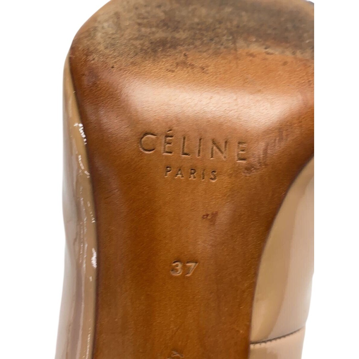 Celine Nude Patent Leather Mary Jane Block Heel Pumps Size 37 Tan Beige Shoes