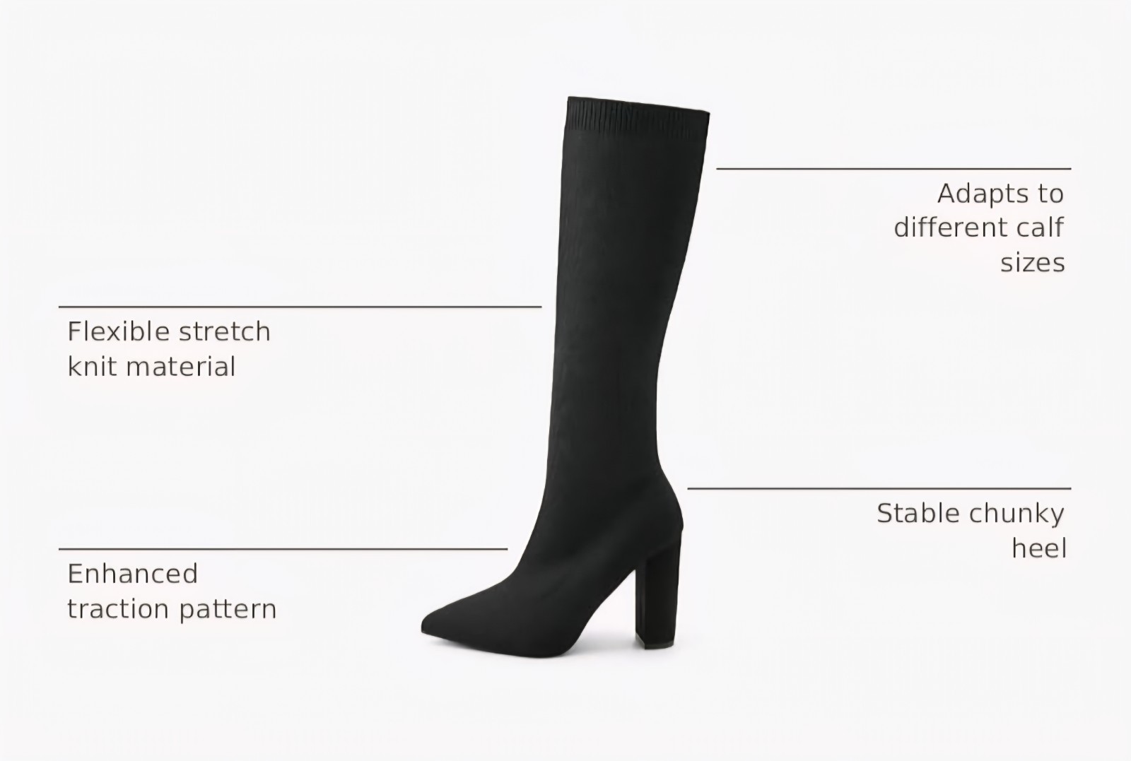 NIB Newbella Black Knit Boots Women’s Size 8 Pointed Toe Block Heel Stretch New