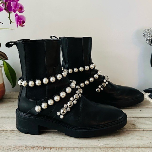 Zara Black Pearl-Embellished Strap Leather Ankle Boots – 6.5
