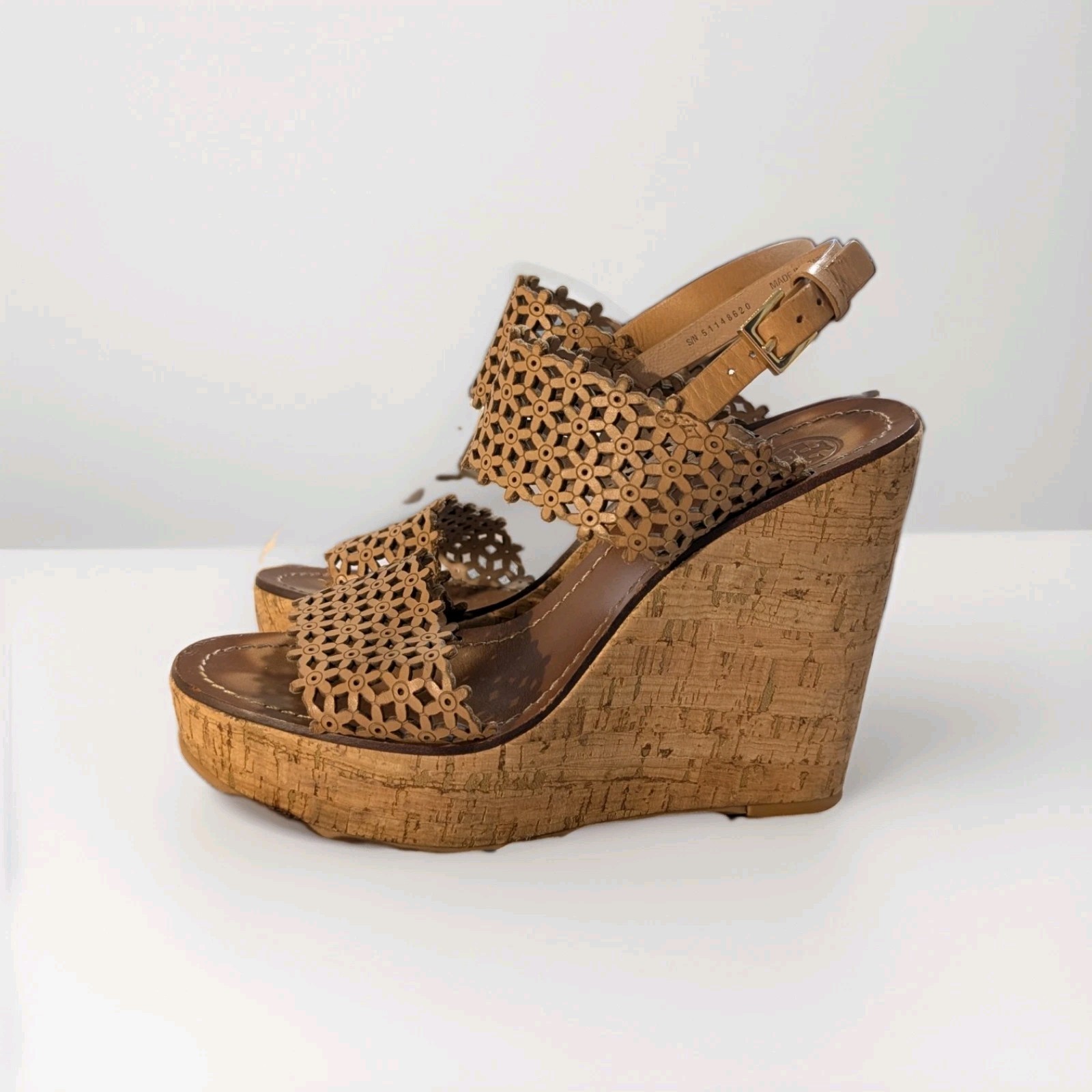 Tory Burch Tan Floral Laser Cut Leather Wedge Ankle Strap Sandals 7.5 M
