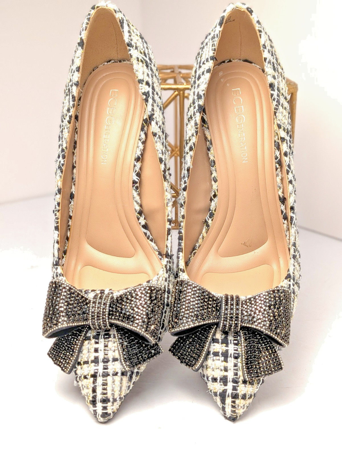 BCBGeneration Beverli Plaid w/ Silver Threads Rhinestone Bow Heels Size 8 — NWOB