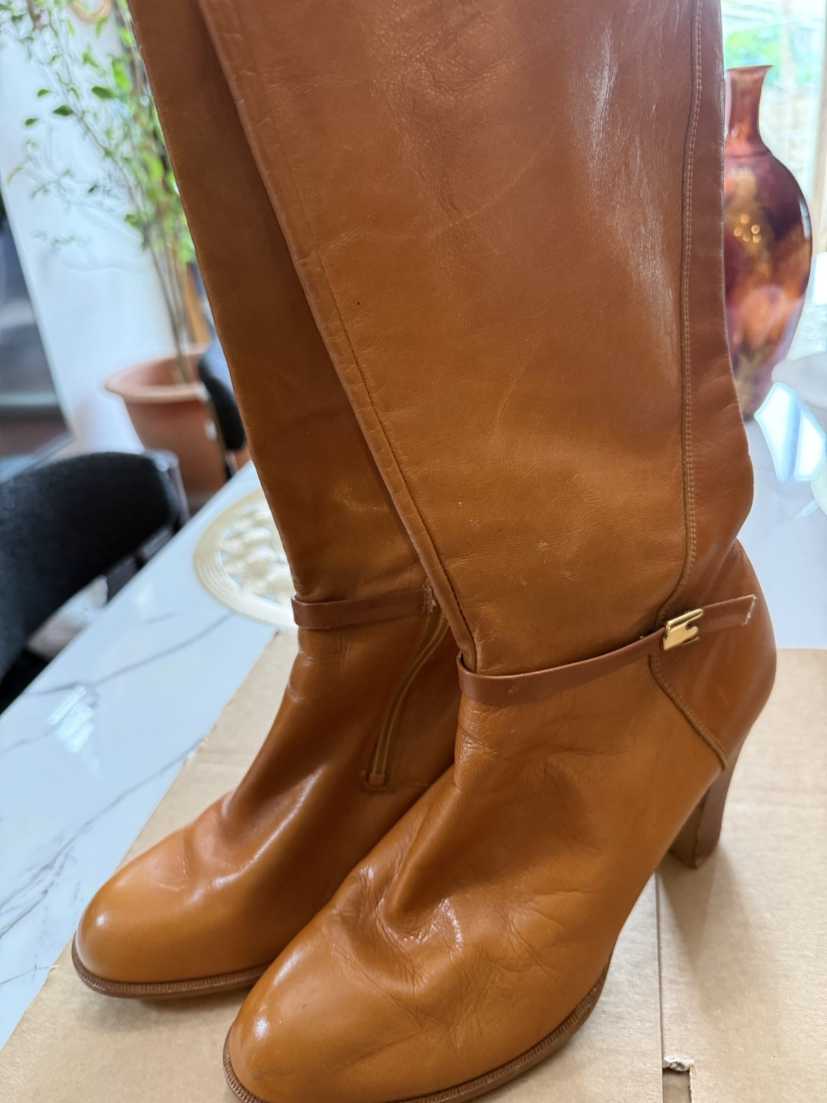Weltschu Women’s Brown Leather Knee High Riding Boots Zip US 7.5