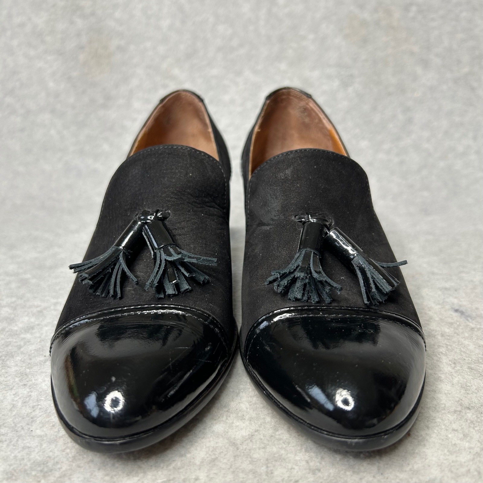 Odette e Odile Black Suede Patent Block Heel Tassel Loafers Made Japan 24 US 7